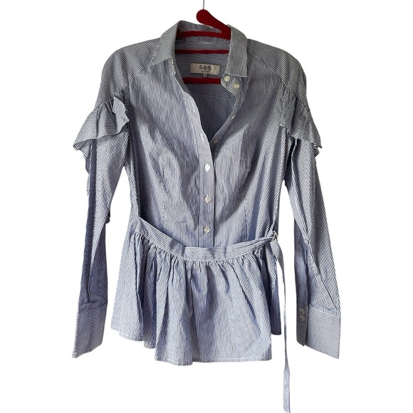 Sea New York Ruffled Striped Apron Button Down Top - Picture 1 of 9
